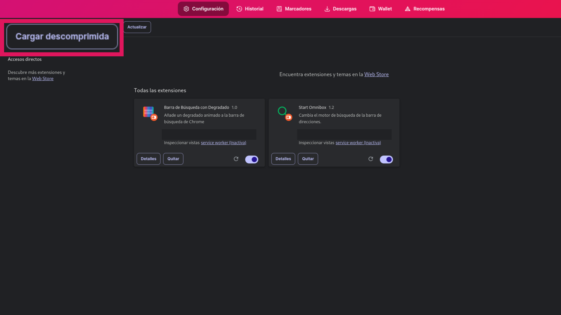Imagen en la que se está cargando la extensión descomprimida a un navegador basado en Chromium